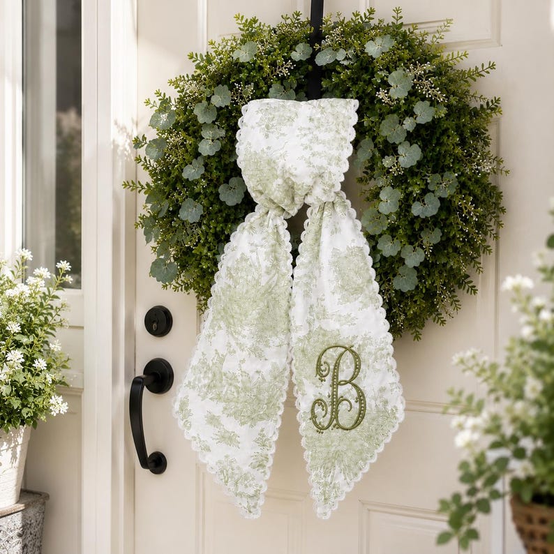 Toile Monogram Wreath Sash, Embroidered Sage Green Door Tie, Grandmillennial Decor