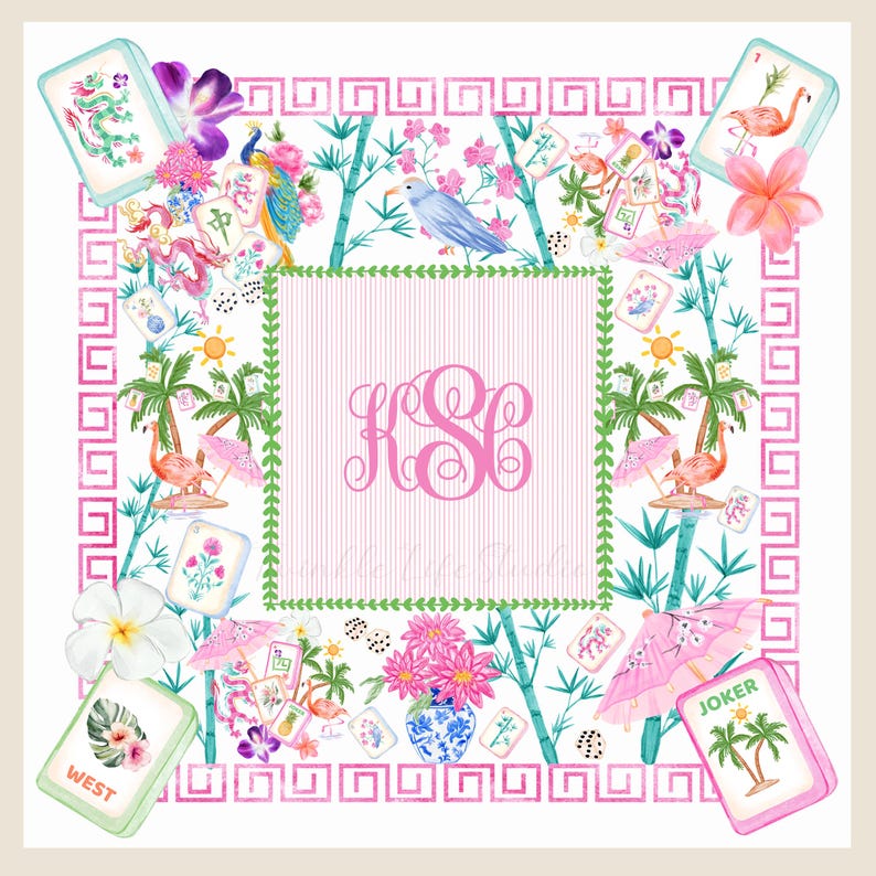 Personalized Monogram Printed Majiong Mat, Luxurious Mahjong Table Cover, Tropical Table Cover