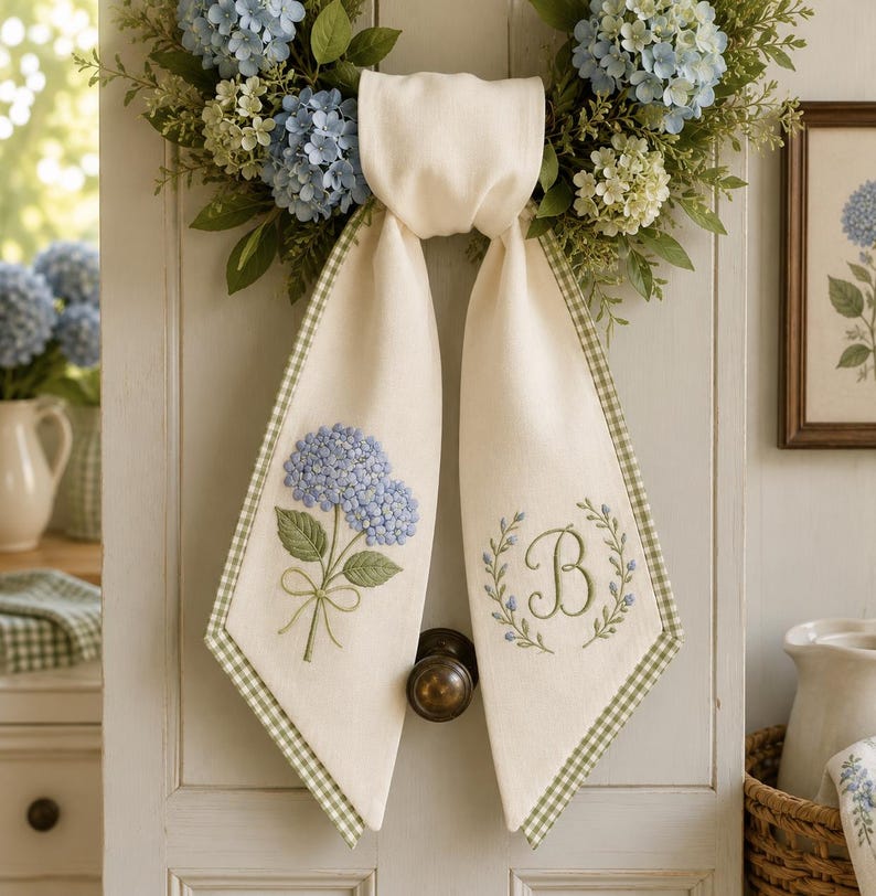 Personalized Hydrangea Door Hanger Sash, Embroidered Blue Hydrangea Wreath Sash, Custom Monogram Door Decor