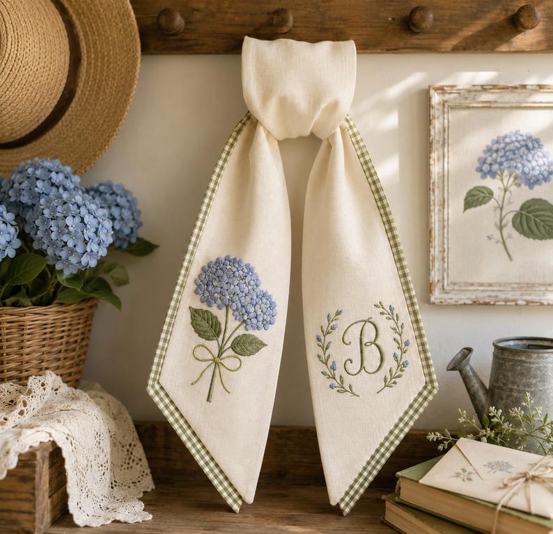 Personalized Hydrangea Door Hanger Sash, Embroidered Blue Hydrangea Wreath Sash, Custom Monogram Door Decor