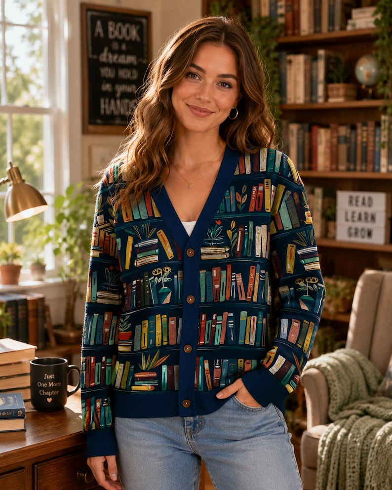 Book Lover Cardigan Sweater, Library Bookshelf Cardigan, Librarian Gift, Reader Cardigan, Bookworm V Neck Button Knit Sweater