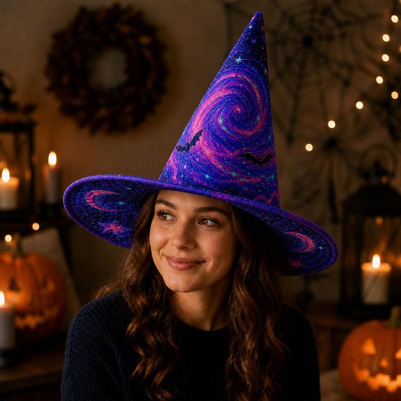 Galaxy Witch Hat, Celestial Cosmic Halloween, Purple Bat Moon Star Accent, Witchy Gothic Spooky Season Gift