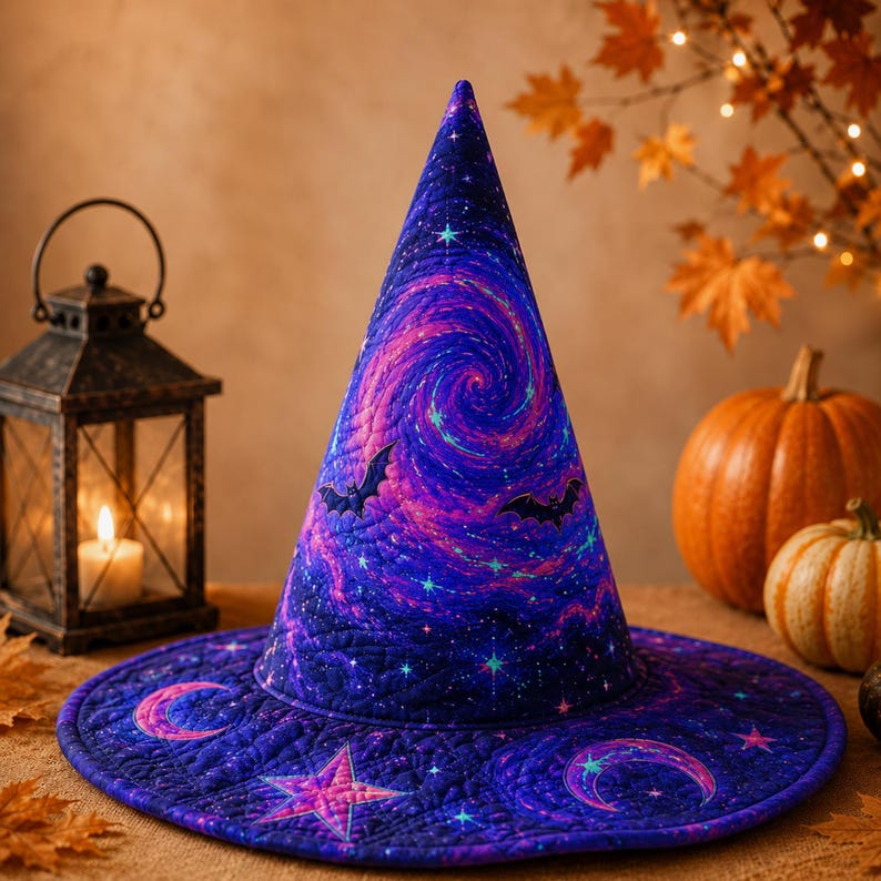Galaxy Witch Hat, Celestial Cosmic Halloween, Purple Bat Moon Star Accent, Witchy Gothic Spooky Season Gift