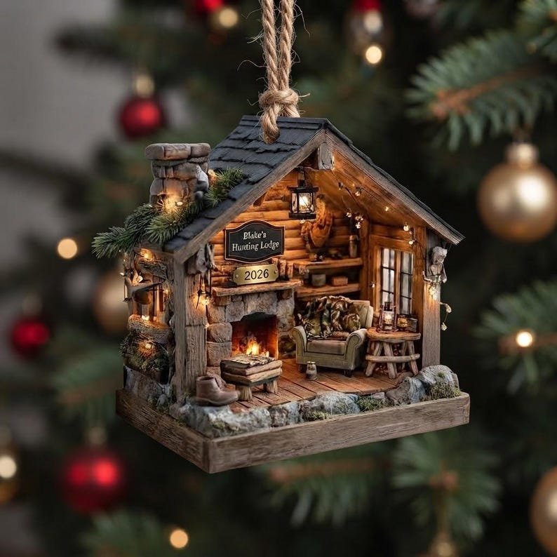 Personalized Cozy Cabin Christmas Ornament, Rustic Wooden House Keepsake, Custom Name Decor