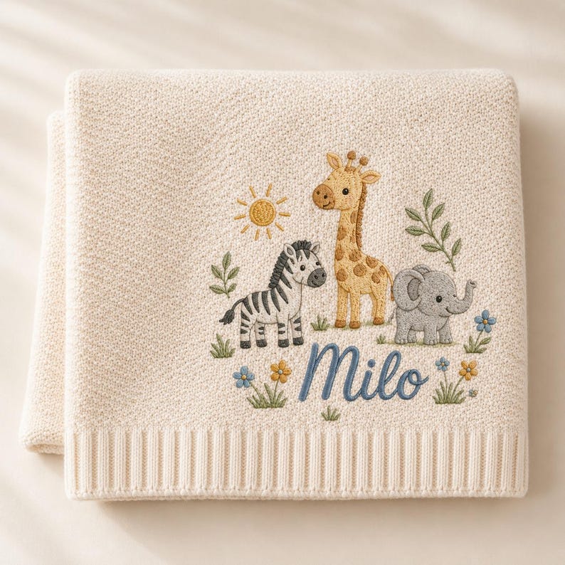 Personalized Safari Baby Blanket with Name, Embroidered Safari Animals, Soft Knit Nursery Blanket, Baby Shower Gift