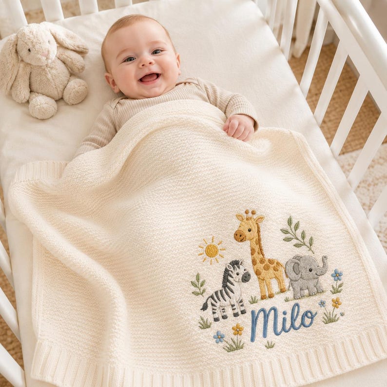 Personalized Safari Baby Blanket with Name, Embroidered Safari Animals, Soft Knit Nursery Blanket, Baby Shower Gift