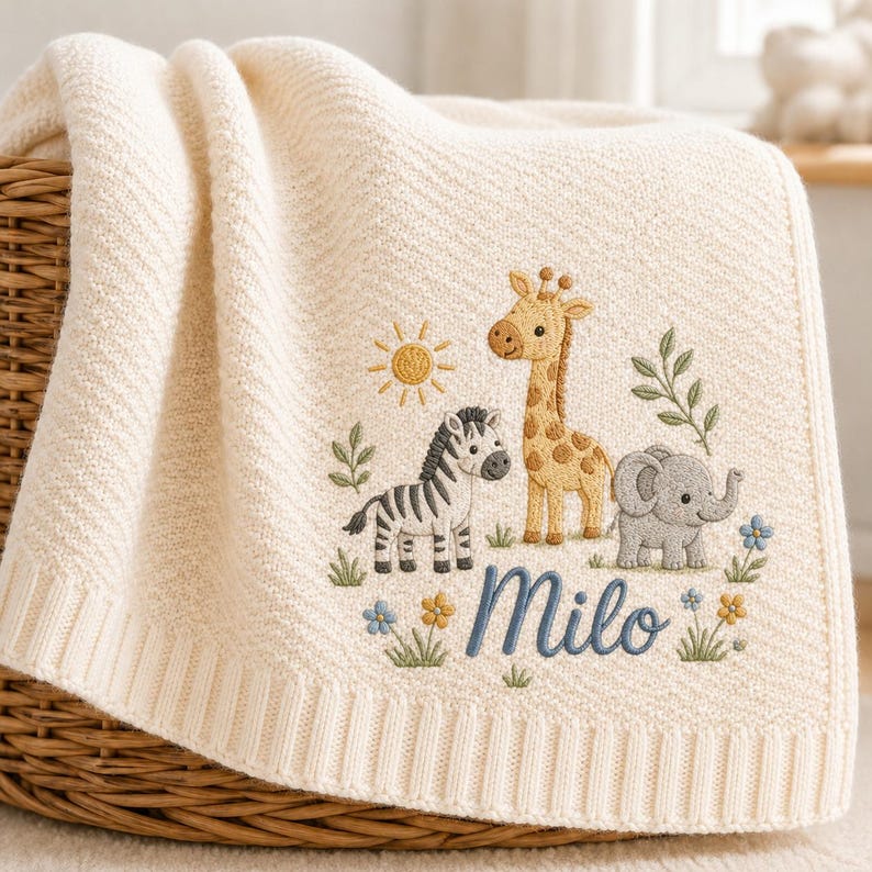 Personalized Safari Baby Blanket with Name, Embroidered Safari Animals, Soft Knit Nursery Blanket, Baby Shower Gift