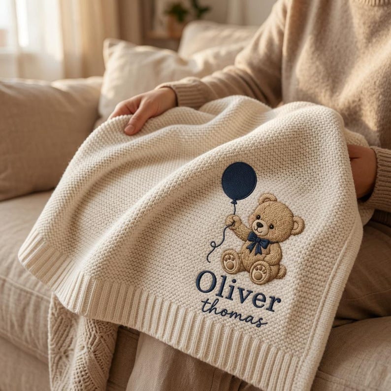 Personalized Teddy Bear Embroidered Baby Blanket, Custom Name Woodland Cabin Nursery Keepsake, Gift For Baby