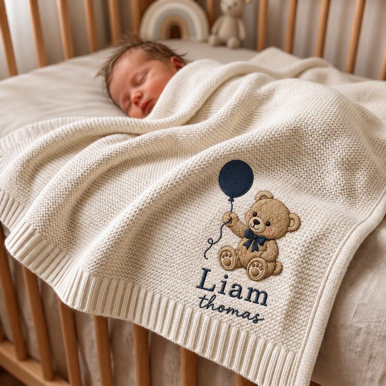 Personalized Teddy Bear Embroidered Baby Blanket, Custom Name Woodland Cabin Nursery Keepsake, Gift For Baby