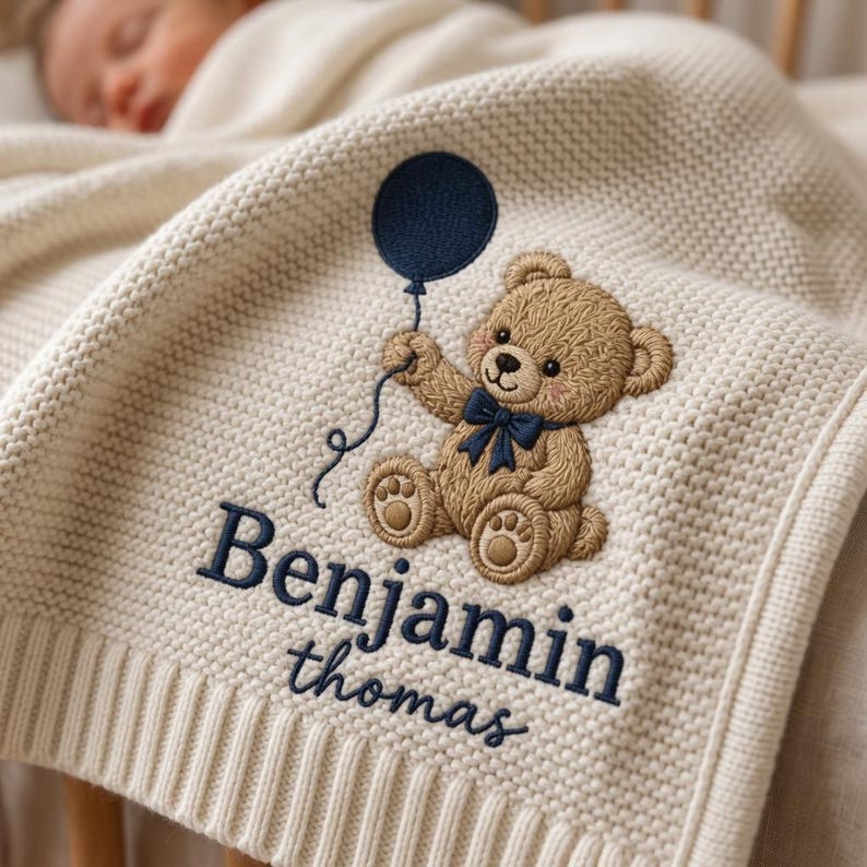 Personalized Teddy Bear Embroidered Baby Blanket, Custom Name Woodland Cabin Nursery Keepsake, Gift For Baby