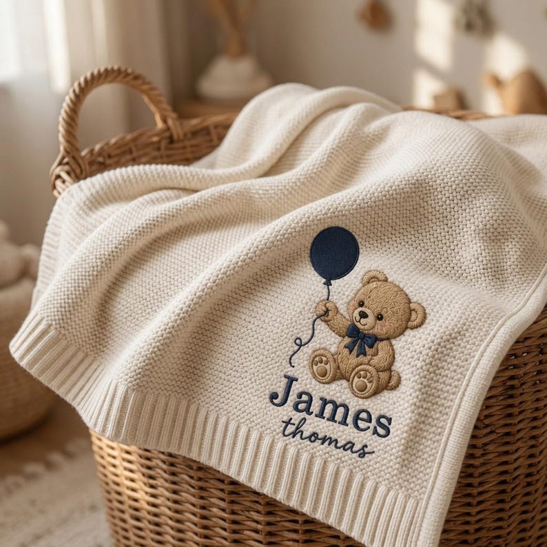 Personalized Teddy Bear Embroidered Baby Blanket, Custom Name Woodland Cabin Nursery Keepsake, Gift For Baby