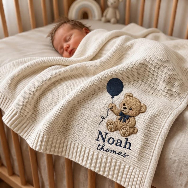 Personalized Teddy Bear Embroidered Baby Blanket, Custom Name Woodland Cabin Nursery Keepsake, Gift For Baby
