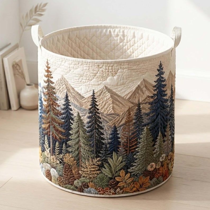 Forest Harmony Quilted Laundry Basket, Mountain Landscape Clothes Hamper, Housewarming Gift