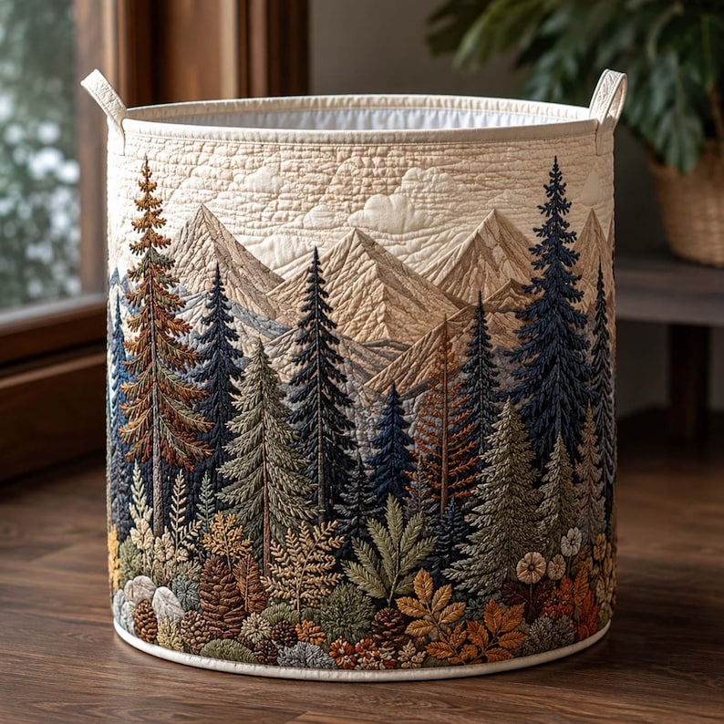 Forest Harmony Quilted Laundry Basket, Mountain Landscape Clothes Hamper, Housewarming Gift