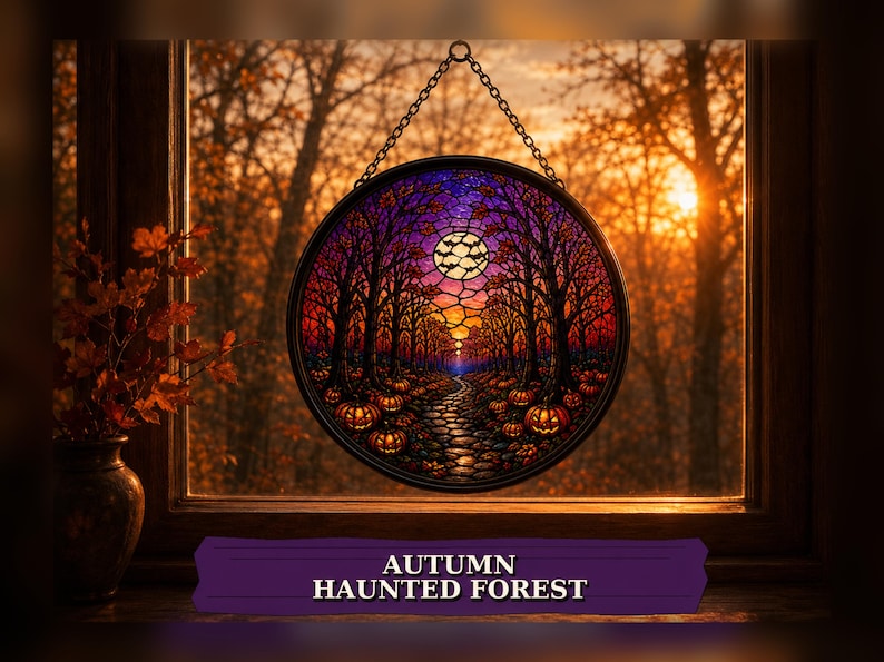 Haunted House Halloween Suncatcher, Pumpkin Stained Glass Window Hanging, Gothic Fall Decor, Spooky Halloween Gift