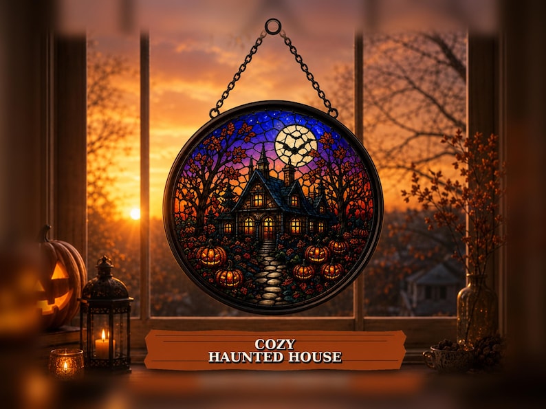 Haunted House Halloween Suncatcher, Pumpkin Stained Glass Window Hanging, Gothic Fall Decor, Spooky Halloween Gift