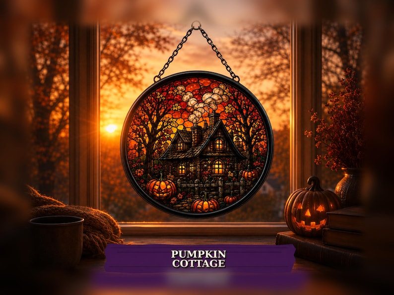 Haunted House Halloween Suncatcher, Pumpkin Stained Glass Window Hanging, Gothic Fall Decor, Spooky Halloween Gift
