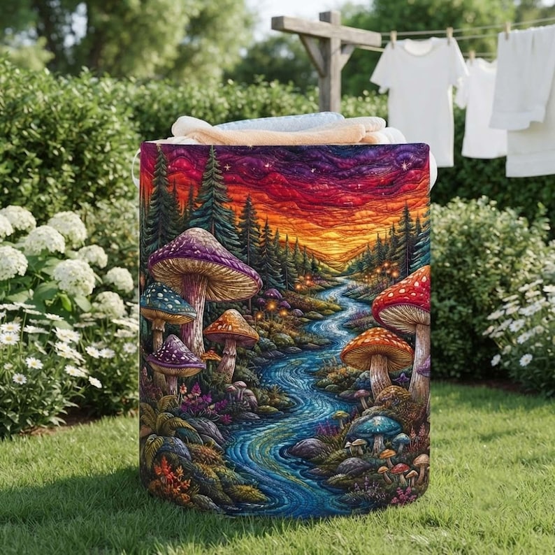 Hippie Mushroom Quilted Laundry Basket, Colorful Forest Hamper, Magic Mushroom Storage Bin