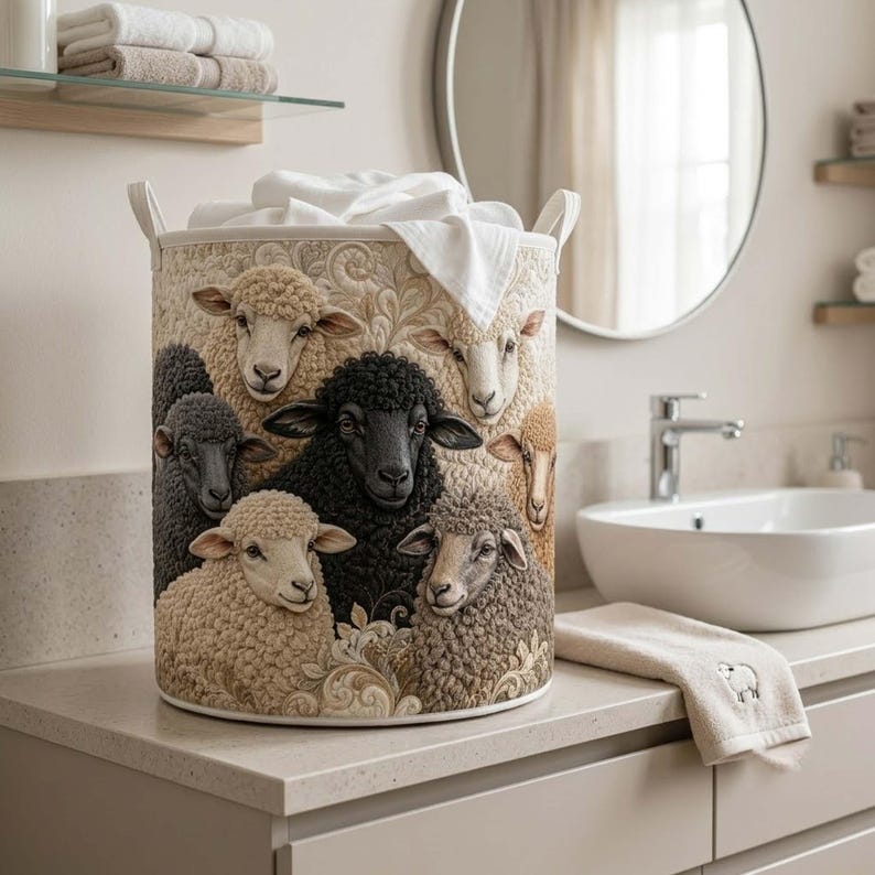 Sheep Quilted Laundry Basket, Farm Life Clothes Storage Bin, Sheep Lover Gift