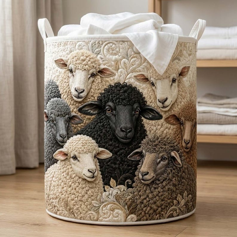 Sheep Quilted Laundry Basket, Farm Life Clothes Storage Bin, Sheep Lover Gift