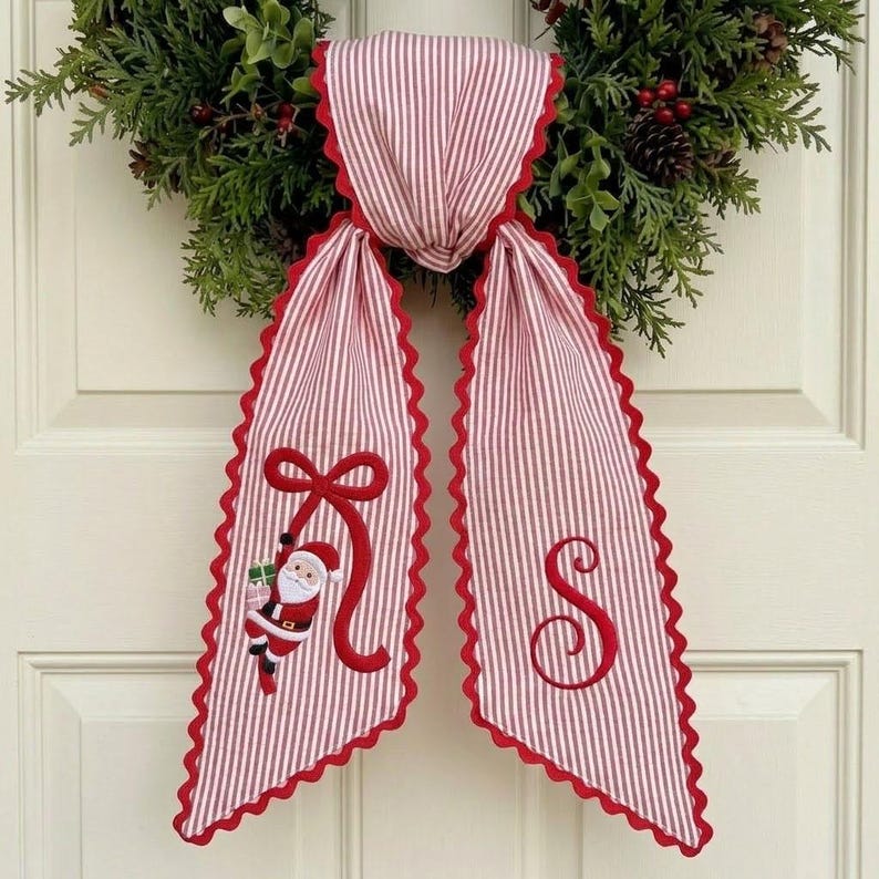 Personalized Christmas Wreath Sash, Embroidered Santa Monogram Ribbon, Green Striped Holiday Door Decor