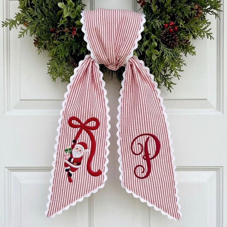 Personalized Christmas Wreath Sash, Embroidered Santa Monogram Ribbon, Green Striped Holiday Door Decor