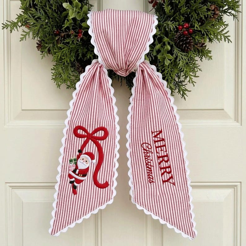 Personalized Christmas Wreath Sash, Embroidered Santa Monogram Ribbon, Green Striped Holiday Door Decor