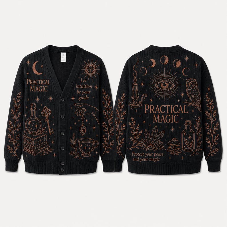 Personalized Practical Magic Cardigan, Witchy Celestial Knit Sweater, Moon Phase Occult Button Up, Dark Academia Cottagecore