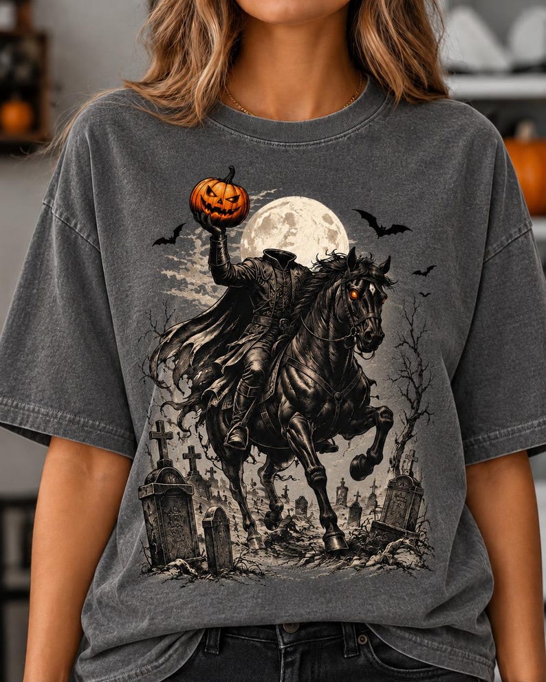 Headless Horseman Pumpkin Rider Halloween Shirt, Spooky Graveyard Gothic Tee, Vintage Horror Fall Graphic T-Shirt