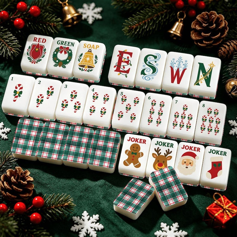 Christmas Mahjong Tile Set 160 Pieces, Green Plaid Holiday Mah Jongg Tiles, Festive Tartan Mahjong Set, Christmas Gift