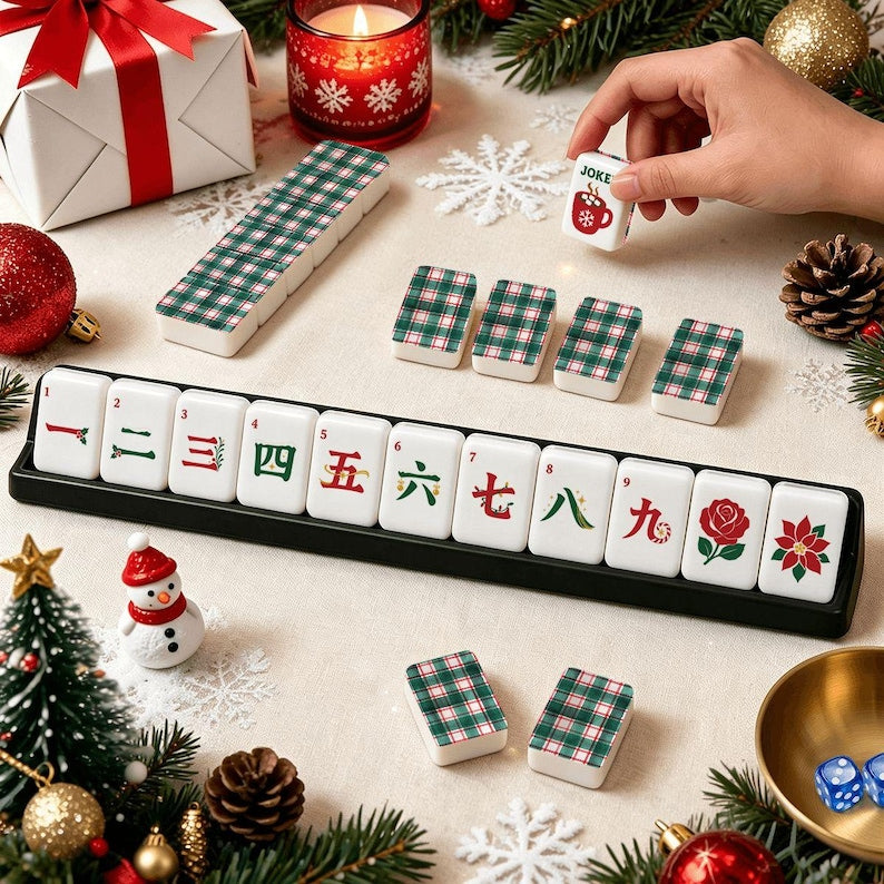 Christmas Mahjong Tile Set 160 Pieces, Green Plaid Holiday Mah Jongg Tiles, Festive Tartan Mahjong Set, Christmas Gift