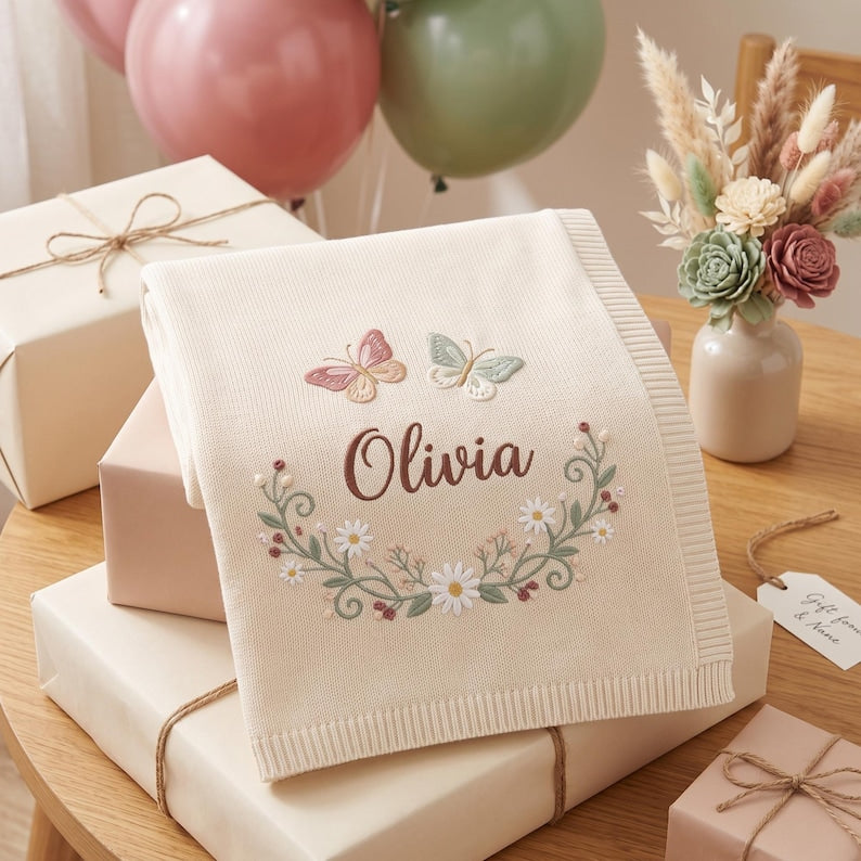Personalized Flower Baby Name Blanket, Embroidered Butterfly Floral Baby Blanket, Floral Baby Knitted Throw