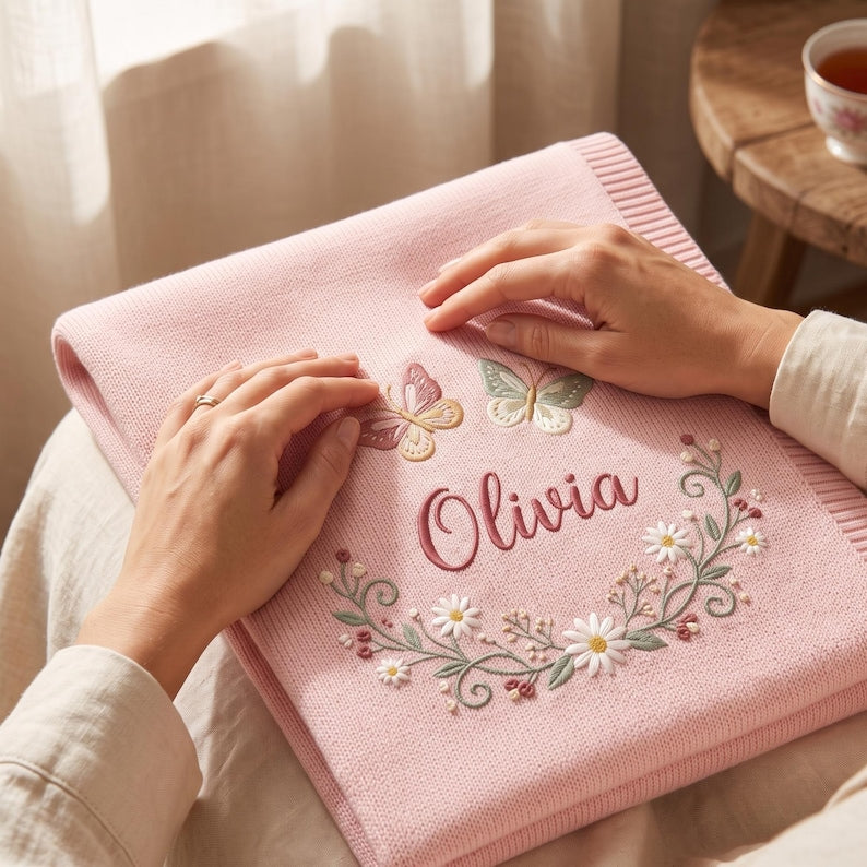 Personalized Flower Baby Name Blanket, Embroidered Butterfly Floral Baby Blanket, Floral Baby Knitted Throw