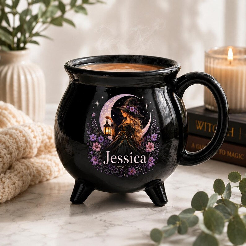 Personalized Witches Brew Cauldron Mug, Custom Name Halloween Coffee Cup Spooky Witch Gift