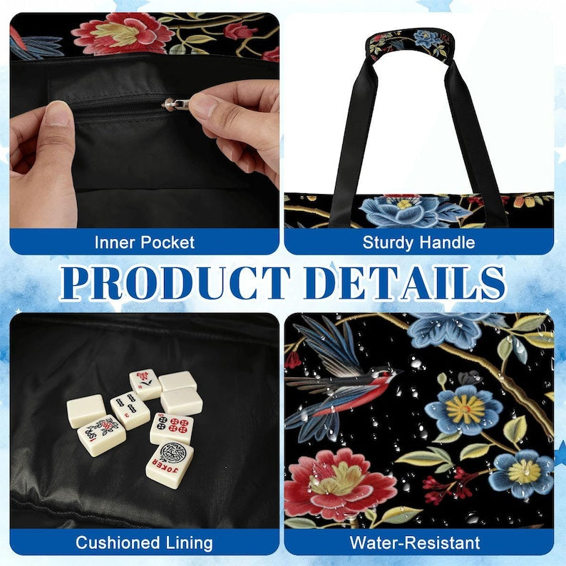 Bird Toile Floral Mahjong Bag Set, 3-Piece American Mahjong Storage Tote