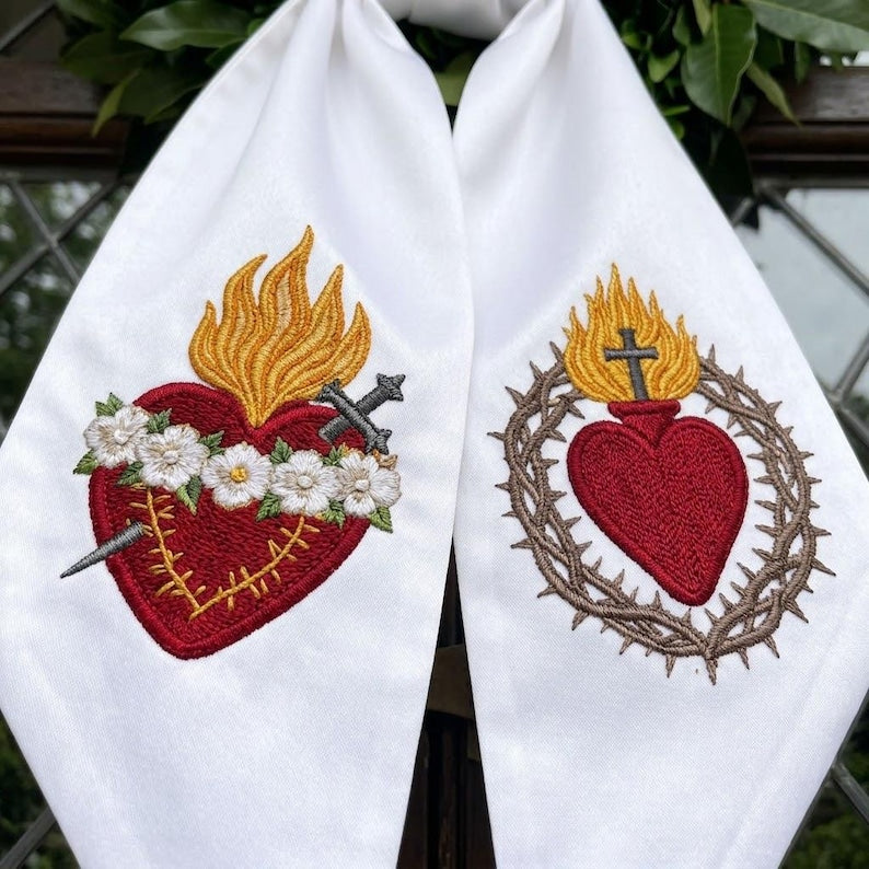 Embroidered Sacred Heart Wreath Sash, Catholic Home Decor, Immaculate Heart of Mary Door Ribbon, Religious Wreath Bow