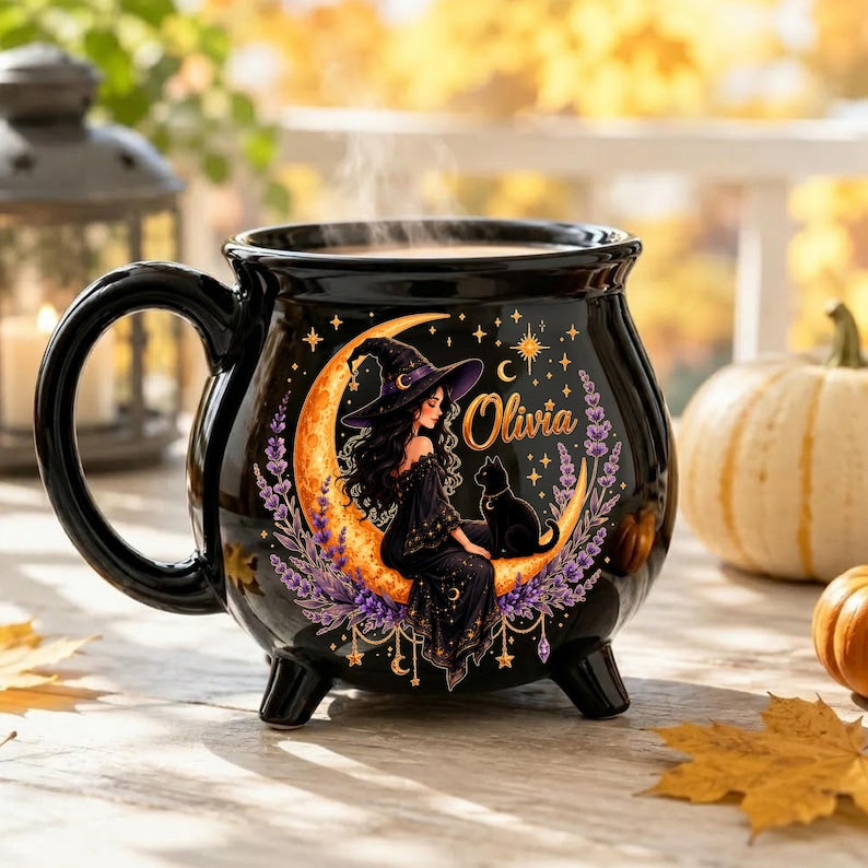 Personalized Witch and Black Cat Cauldron Mug, Custom Name Halloween Ceramic Cup, Crescent Moon Spooky Gift