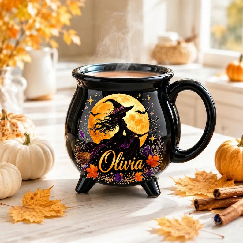 Personalized Flying Witch Cauldron Mug, Custom Name Halloween Ceramic Cup, Spooky Coffee Mug, Magical Fall Halloween
