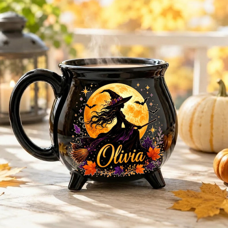 Personalized Flying Witch Cauldron Mug, Custom Name Halloween Ceramic Cup, Spooky Coffee Mug, Magical Fall Halloween