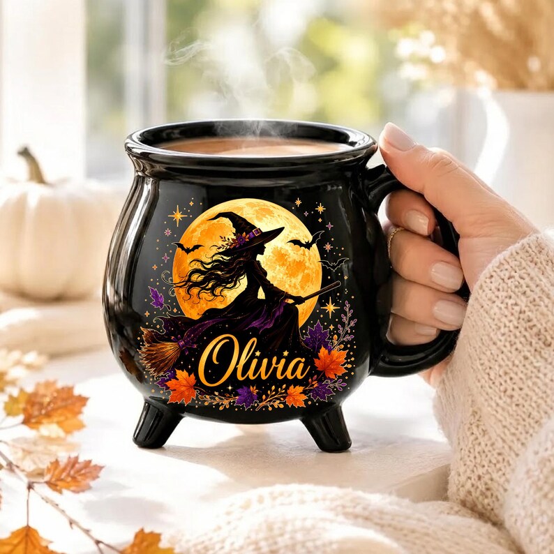 Personalized Flying Witch Cauldron Mug, Custom Name Halloween Ceramic Cup, Spooky Coffee Mug, Magical Fall Halloween