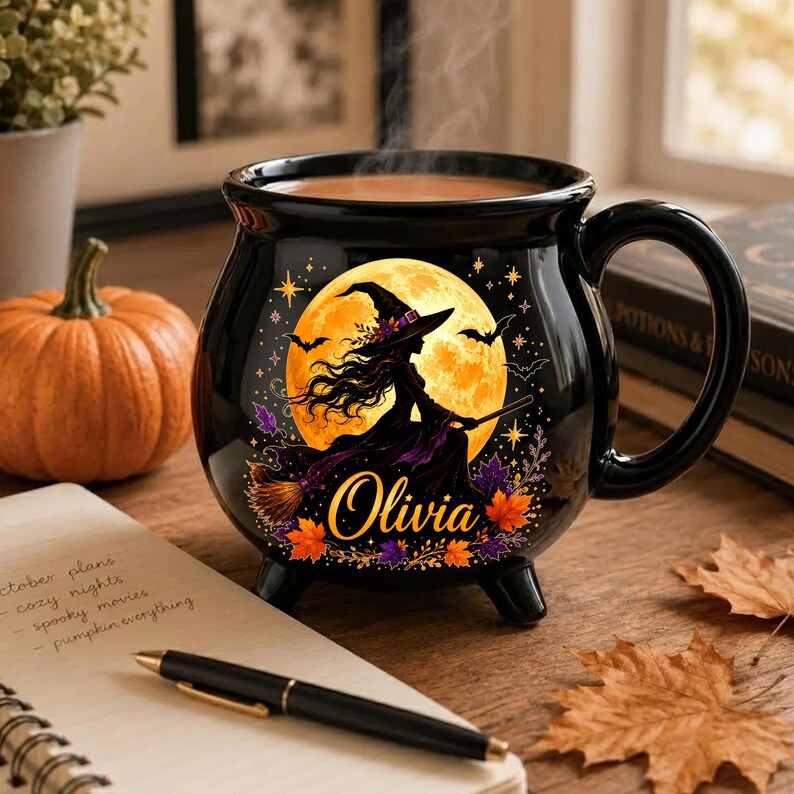 Personalized Flying Witch Cauldron Mug, Custom Name Halloween Ceramic Cup, Spooky Coffee Mug, Magical Fall Halloween