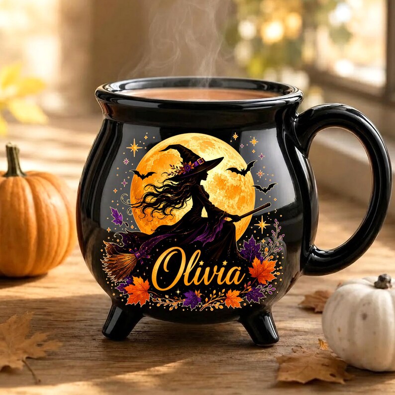 Personalized Flying Witch Cauldron Mug, Custom Name Halloween Ceramic Cup, Spooky Coffee Mug, Magical Fall Halloween