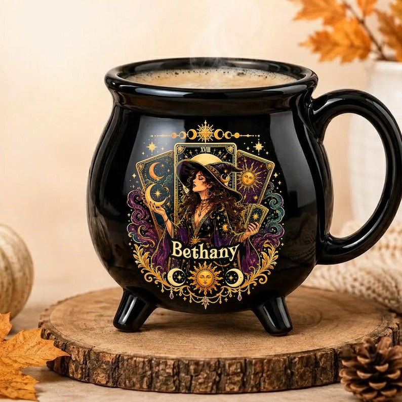 Personalized Tarot Witch Cauldron Mug, Custom Name Halloween Ceramic Cup, Celestial Gothic Coffee Gift for Her
