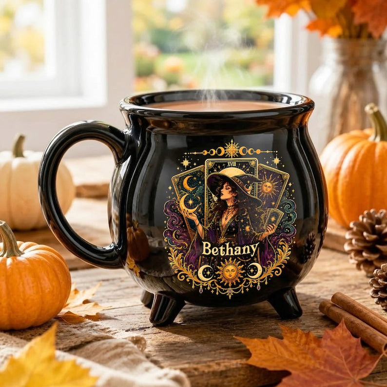 Personalized Tarot Witch Cauldron Mug, Custom Name Halloween Ceramic Cup, Celestial Gothic Coffee Gift for Her