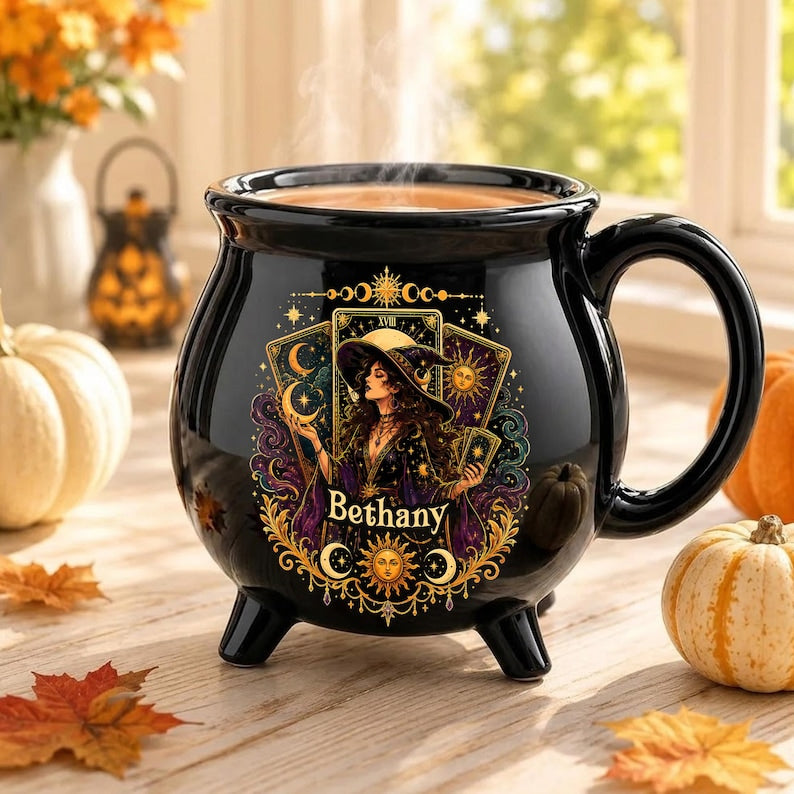 Personalized Tarot Witch Cauldron Mug, Custom Name Halloween Ceramic Cup, Celestial Gothic Coffee Gift for Her