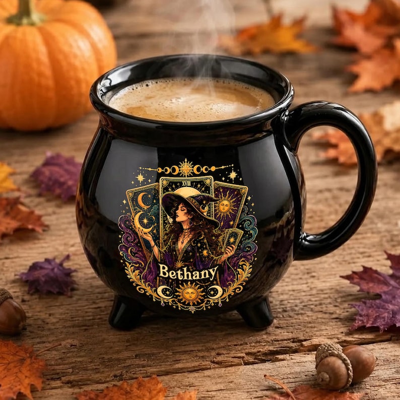 Personalized Tarot Witch Cauldron Mug, Custom Name Halloween Ceramic Cup, Celestial Gothic Coffee Gift for Her