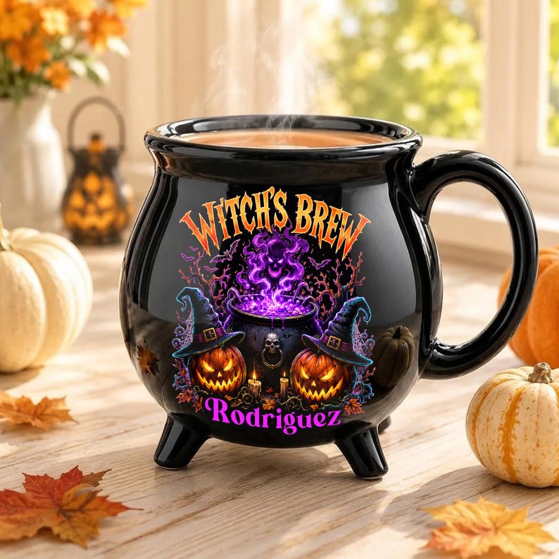 Personalized Witch’s Brew Cauldron Mug, Custom Name Halloween Ceramic Cup, Pumpkin Witch Coffee Gift