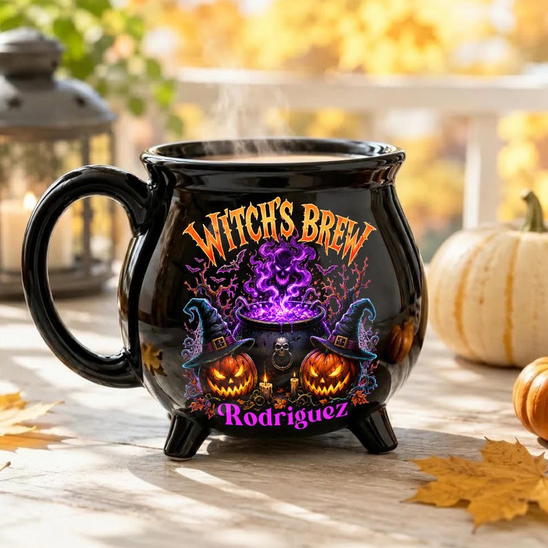 Personalized Witch’s Brew Cauldron Mug, Custom Name Halloween Ceramic Cup, Pumpkin Witch Coffee Gift
