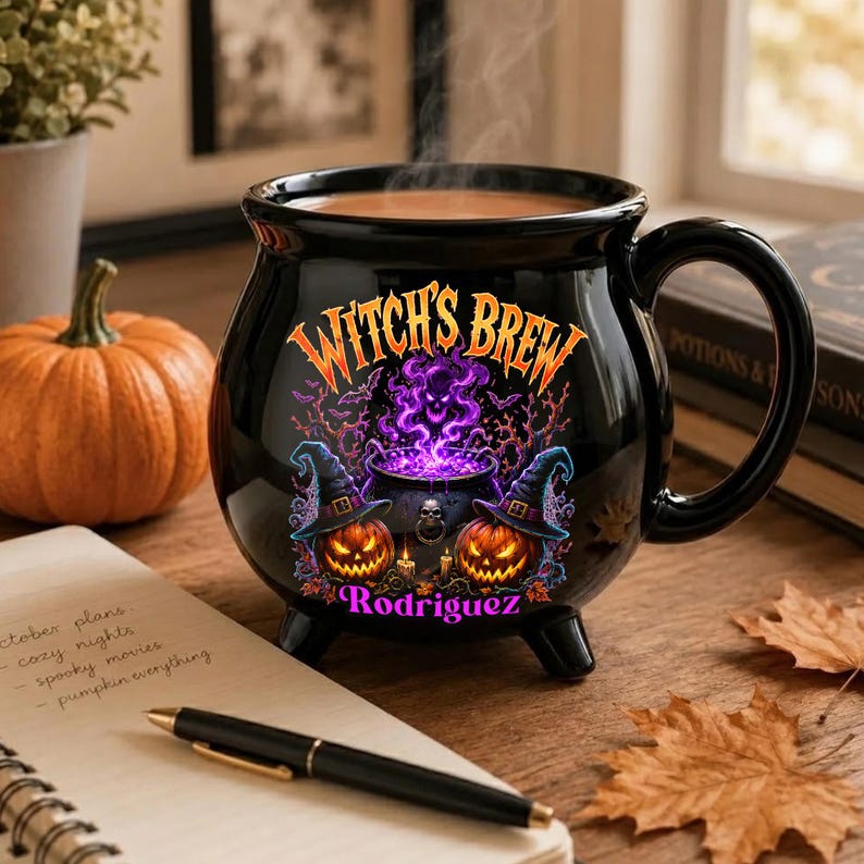 Personalized Witch’s Brew Cauldron Mug, Custom Name Halloween Ceramic Cup, Pumpkin Witch Coffee Gift