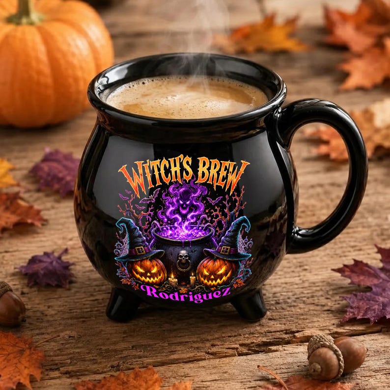 Personalized Witch’s Brew Cauldron Mug, Custom Name Halloween Ceramic Cup, Pumpkin Witch Coffee Gift